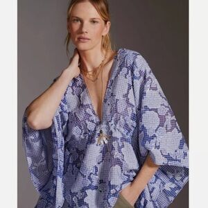 Anthropologie Tie-Front Blue
Floral Caftan One Size